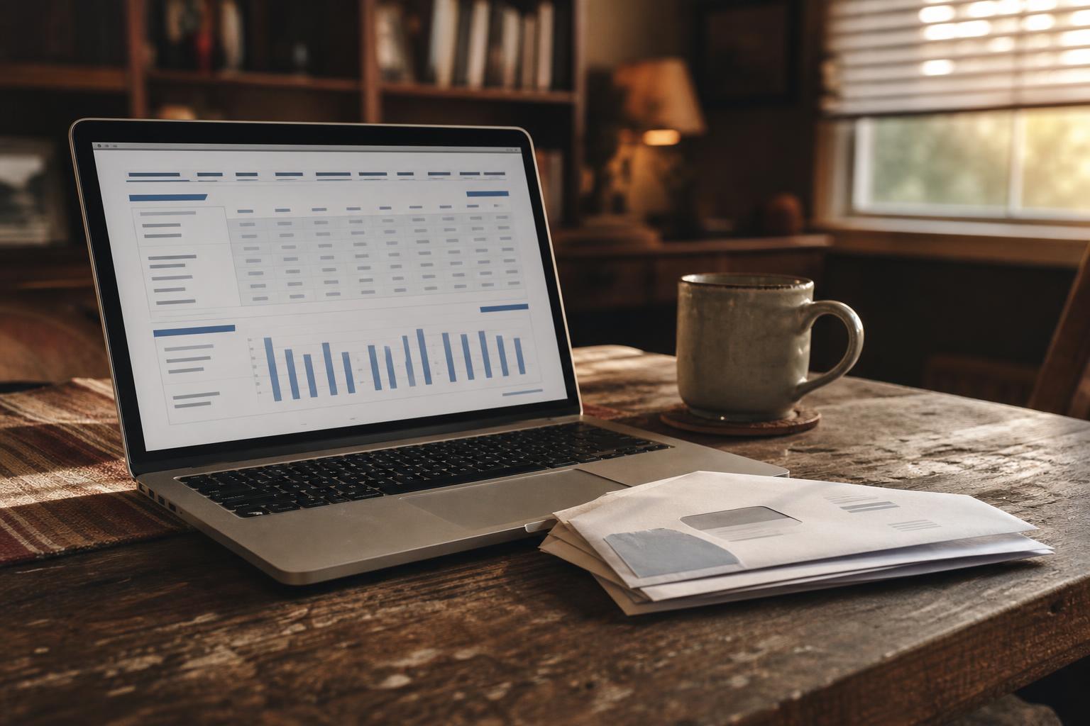 A laptop, mug, and envelopes sit on a wooden table in a study