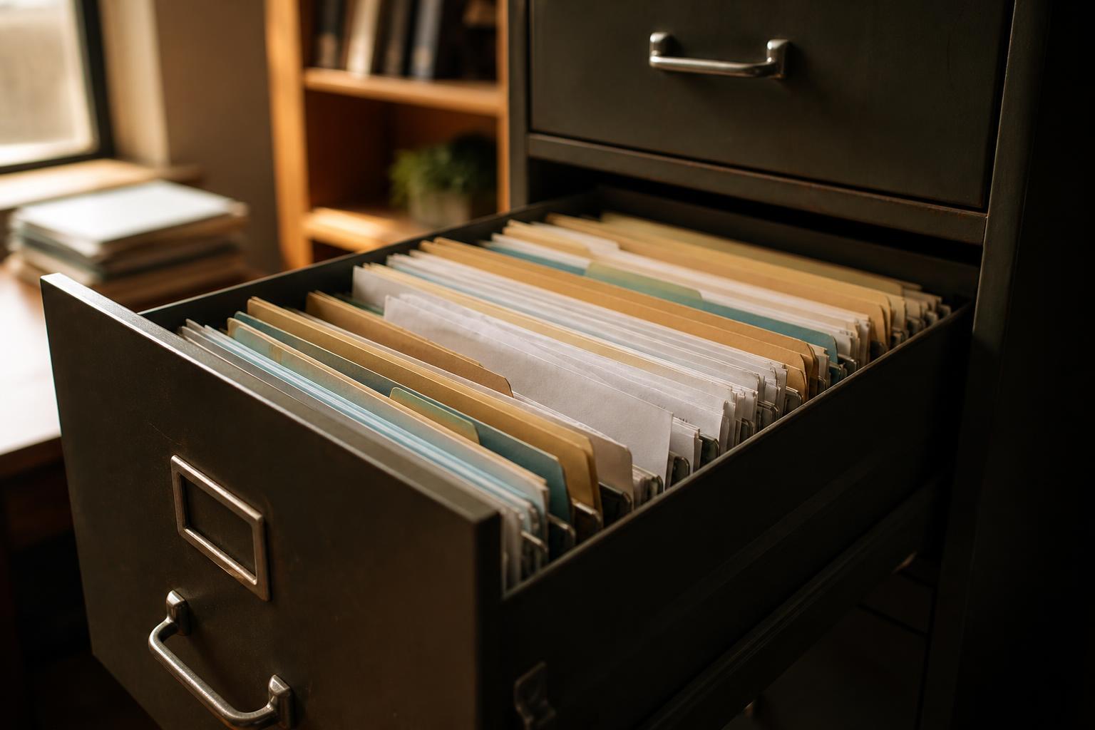 An open filing cabinet drawer holds many folders in an office room
