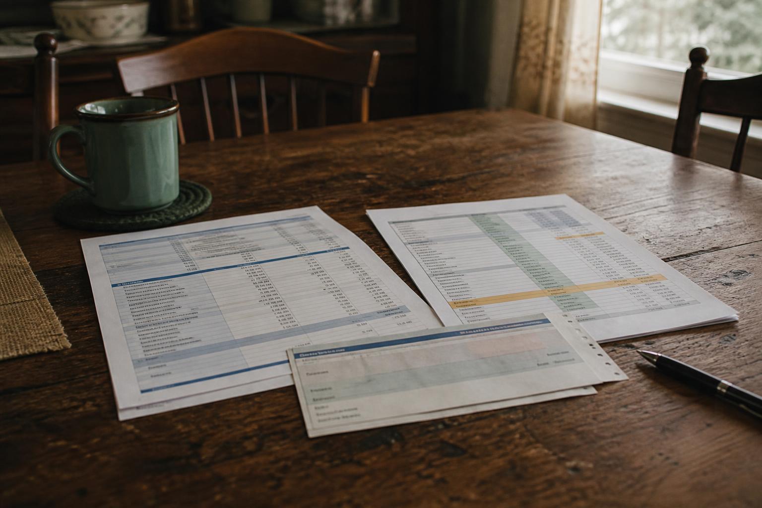 Printed spreadsheets, a check, mug, and pen lie on a wooden table