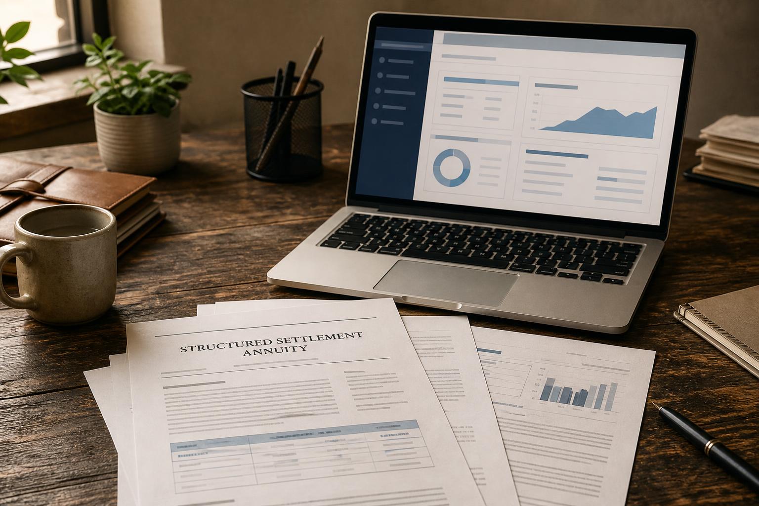 A laptop with charts sits beside papers, a mug, notebooks, and a plant