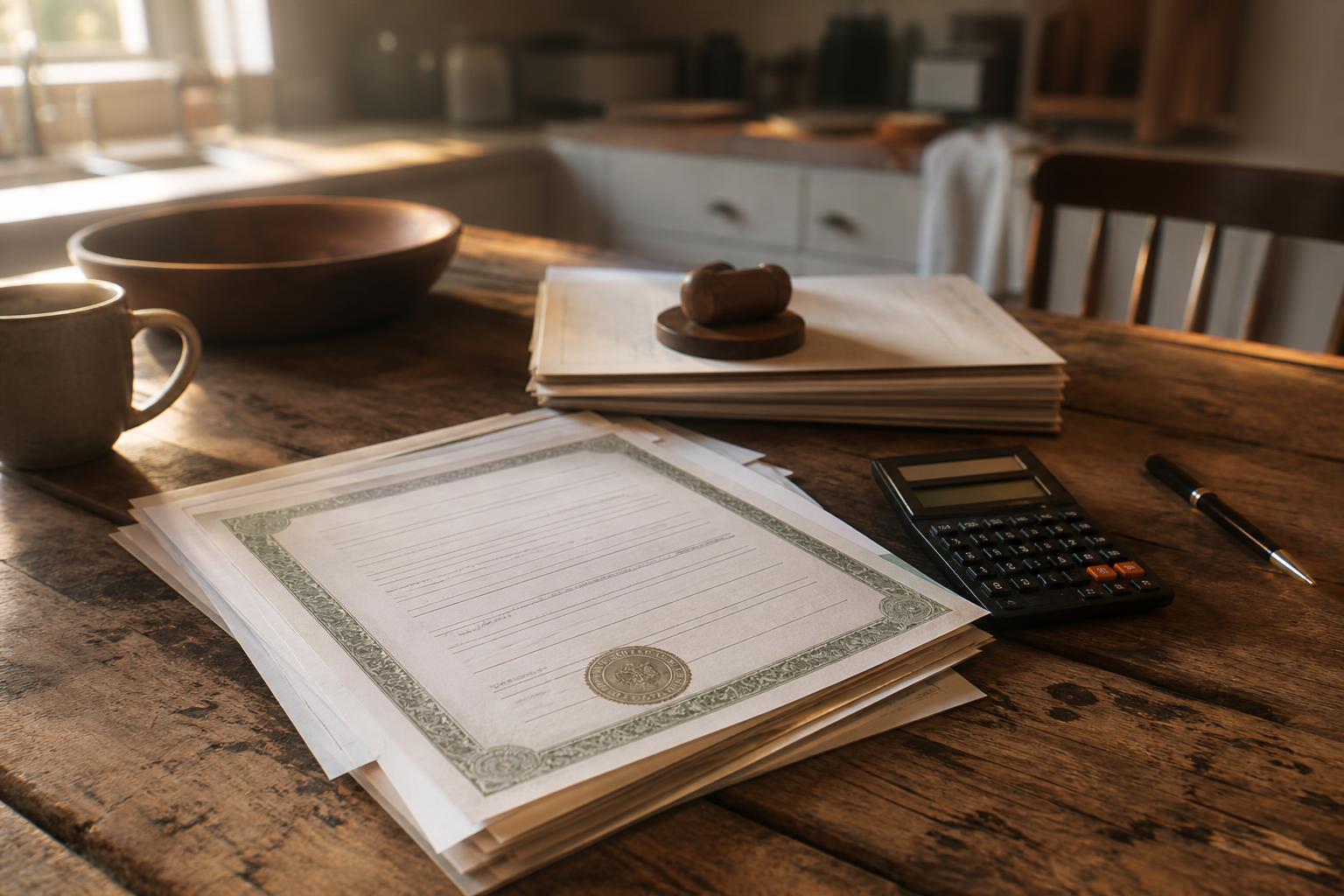 Certificate papers, calculator, pen, gavel, bowl, and mug sit on a kitchen table