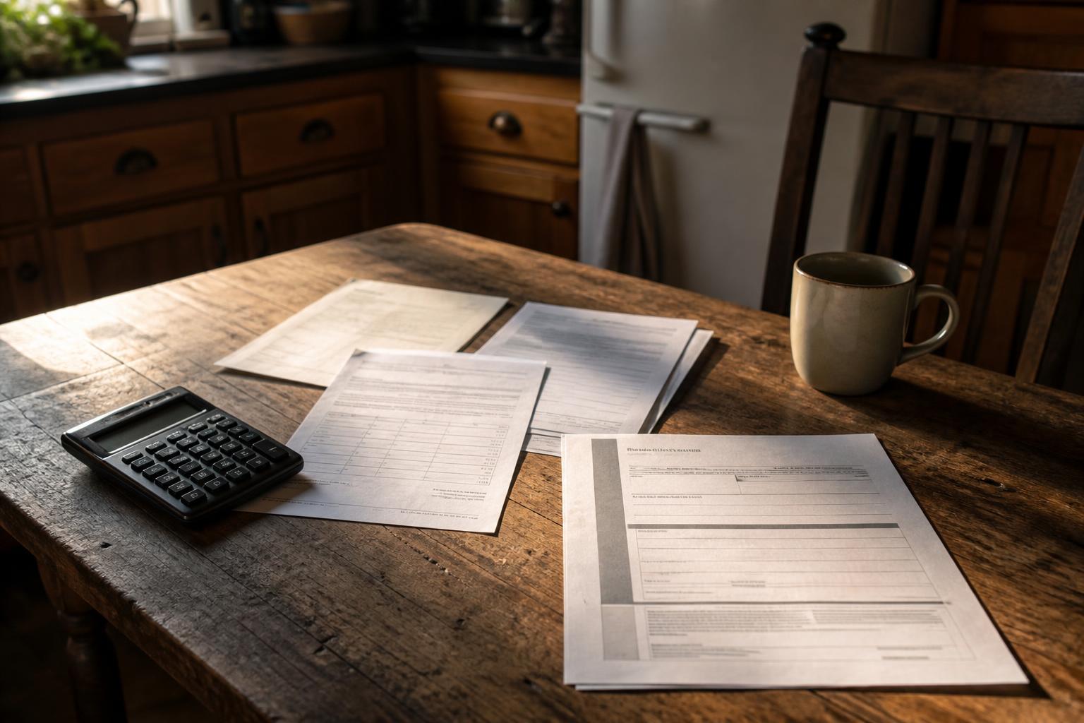 Calculator, papers, and a mug sit on a wooden kitchen table