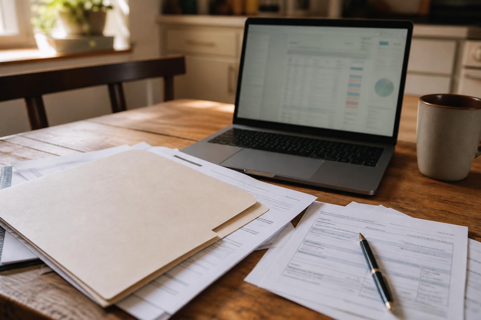 Laptop, folder, papers, pen, and mug rest on a wooden table
