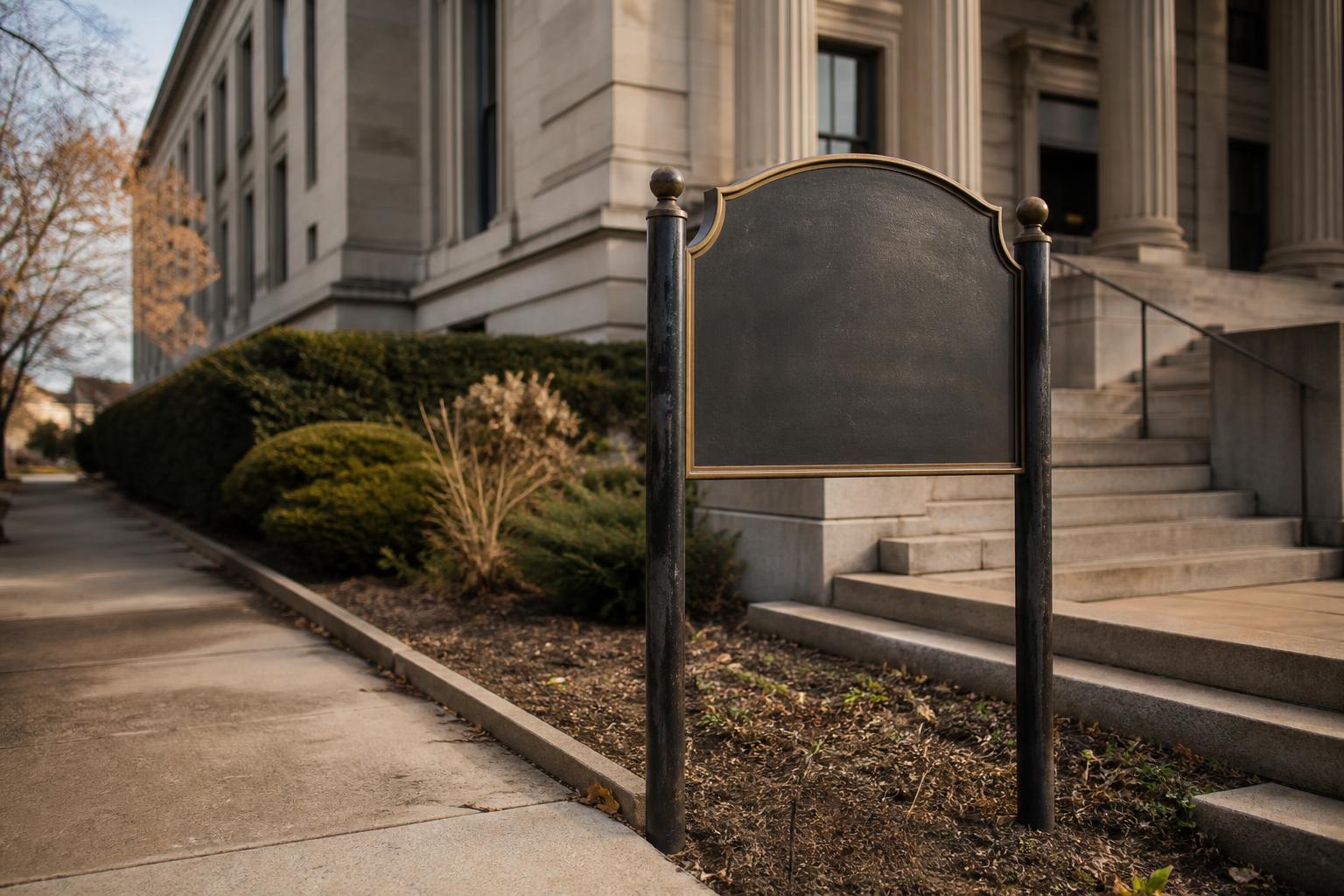 Blank sign stands beside courthouse steps, columns, shrubs, and sidewalk