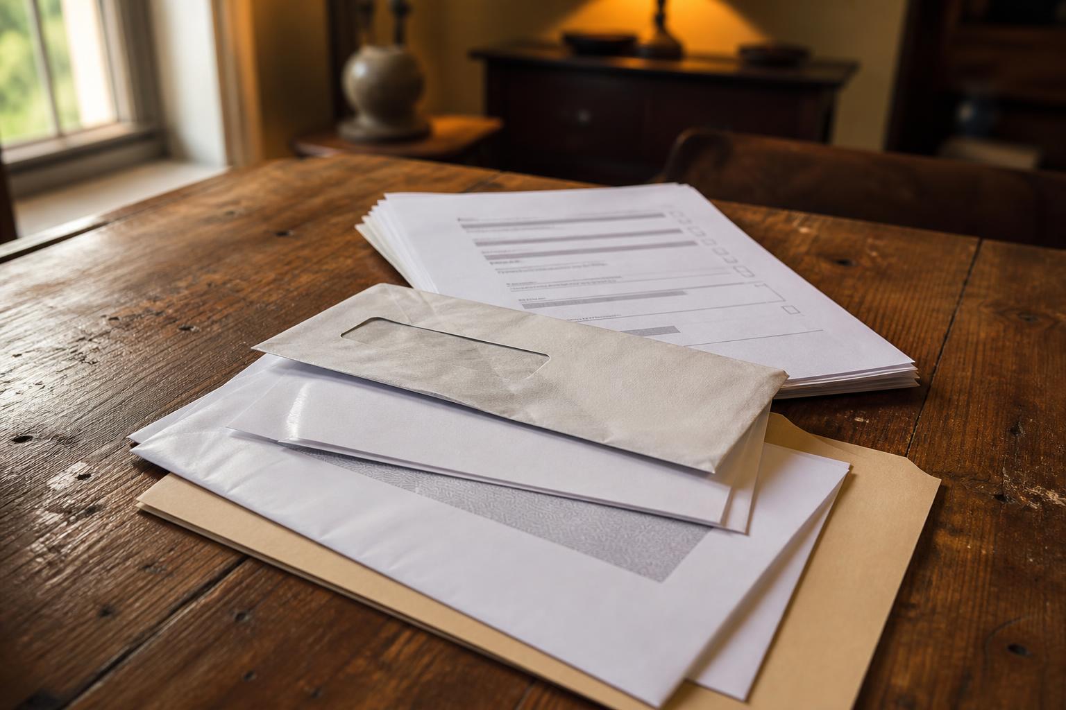 Envelopes and stacked forms lie on a wooden table near a window