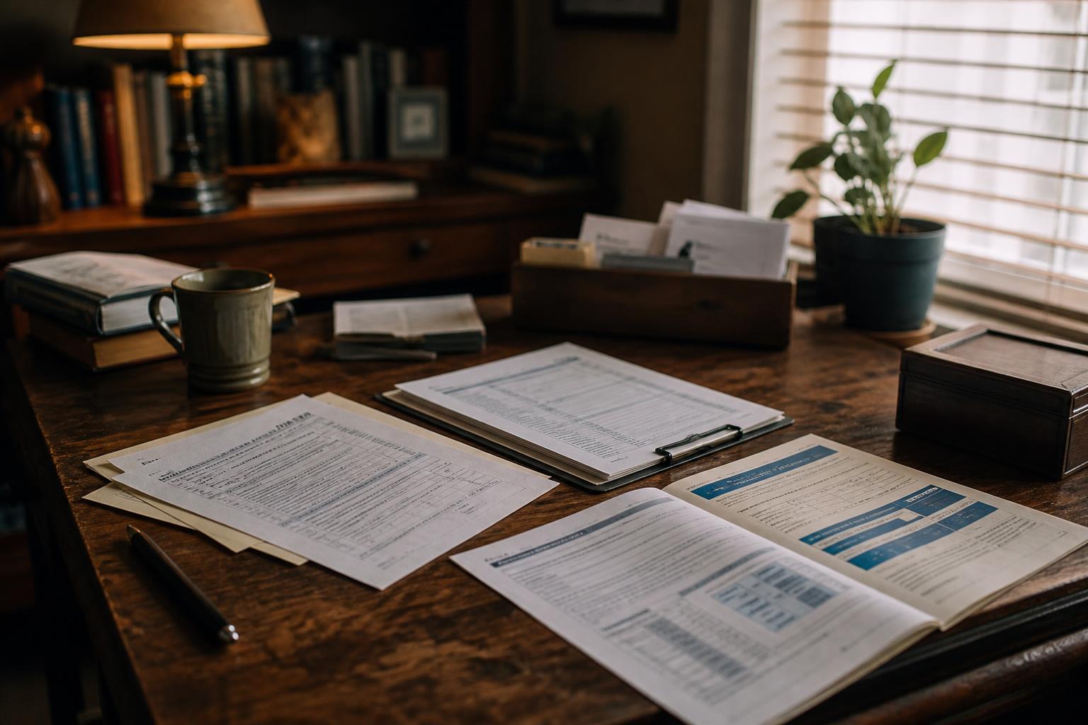 Forms, books, mug, lamp, plant, and boxes cover a wooden desk