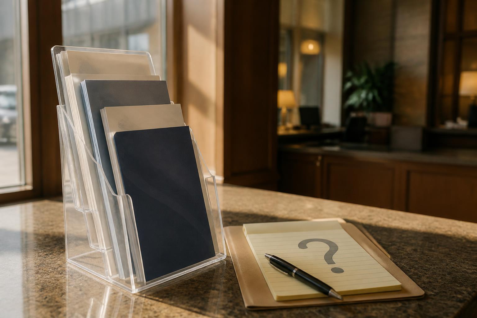 Brochure holder, notepad with question mark, and pen sit on a counter