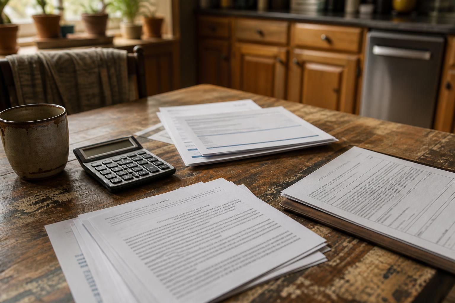 Calculator, mug, and document stacks sit on a worn wooden table