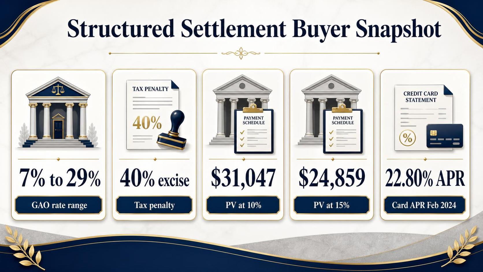 Infographic shows settlement statistics cards with courthouse, tax, payment, and credit symbols