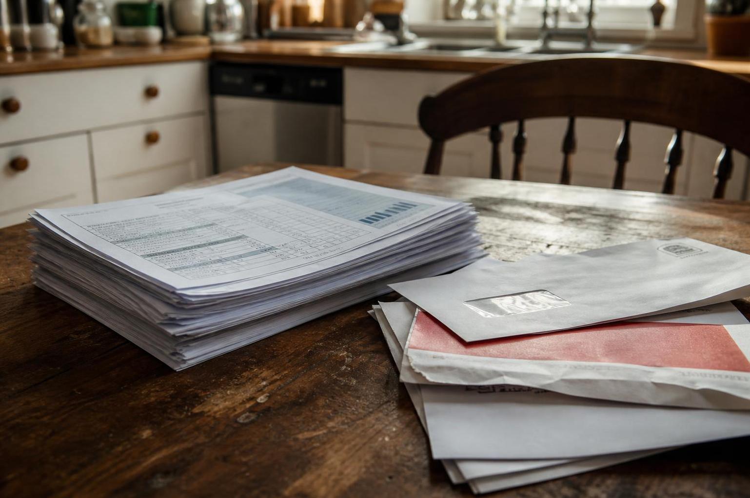A stack of printed papers and envelopes sits on a kitchen table