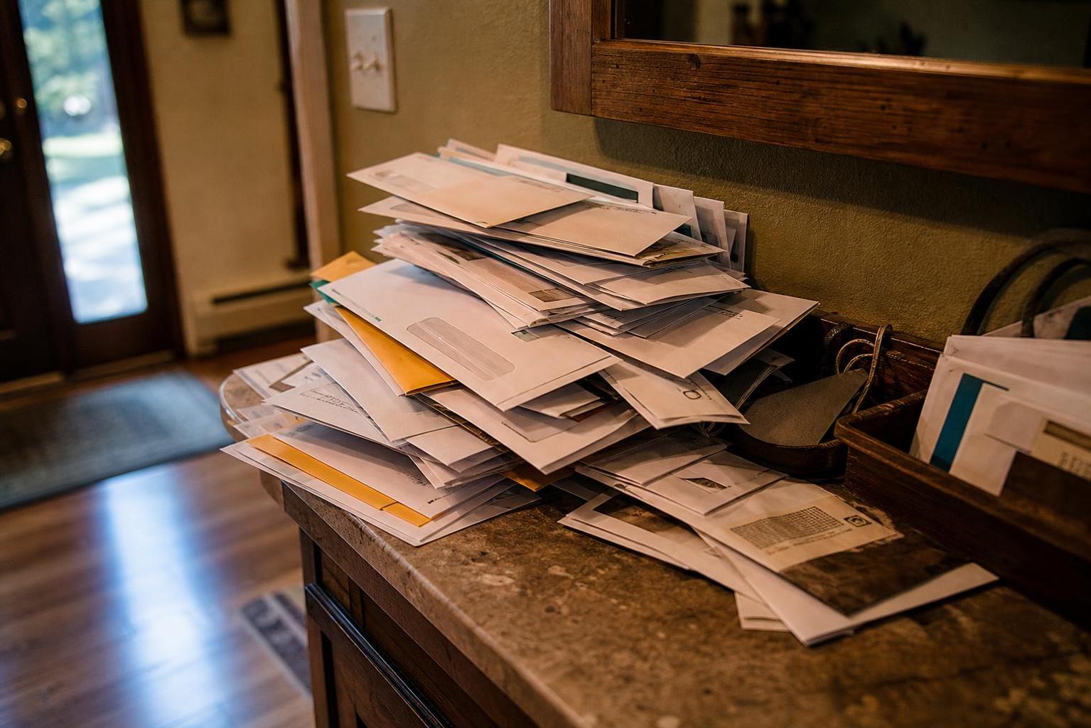 A pile of envelopes and mail rests on an entryway console table