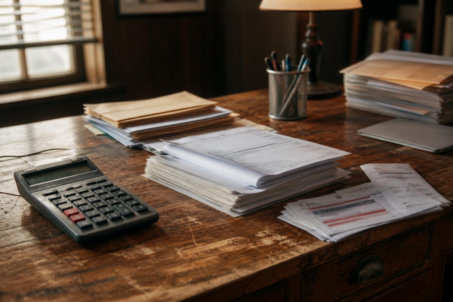 A calculator, papers, folders, and pen cup sit on a wooden desk