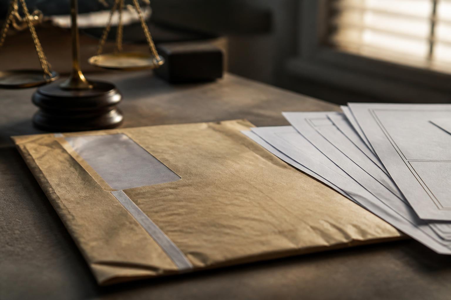 A manila envelope and forms lie beside a brass balance scale