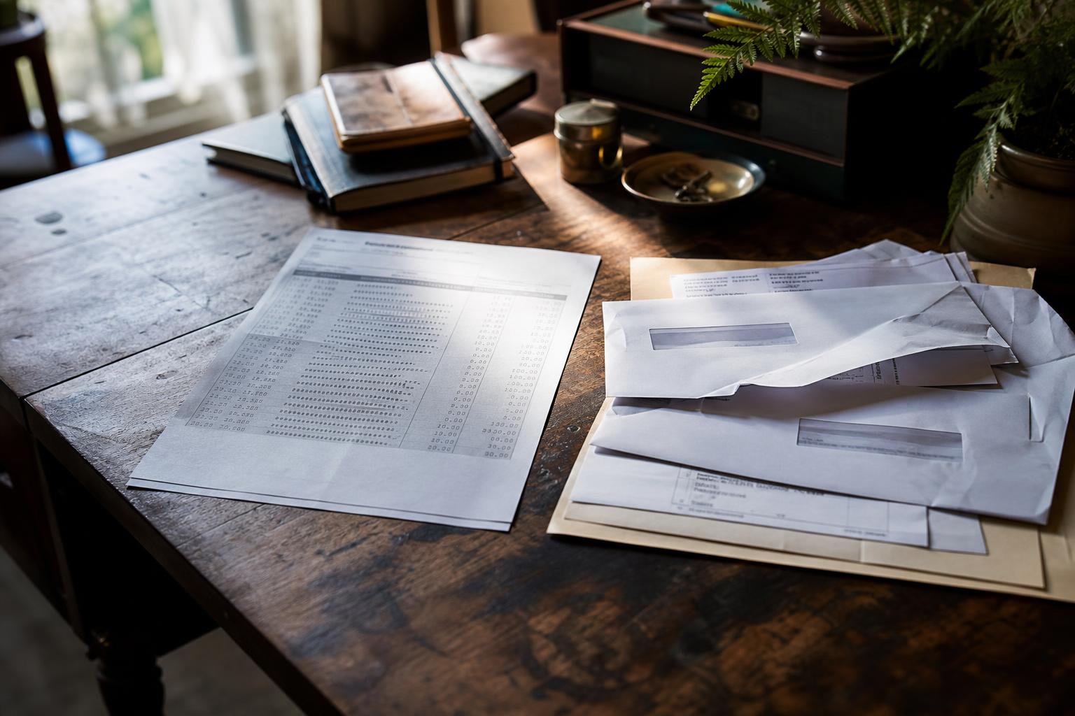 Printed forms and white envelopes are spread across a wooden table