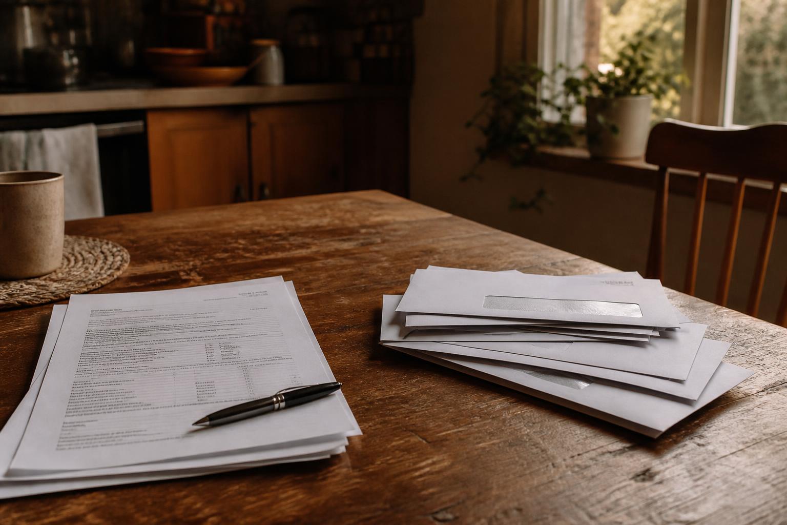Printed documents with a pen and stacked envelopes on a wooden kitchen table near a window