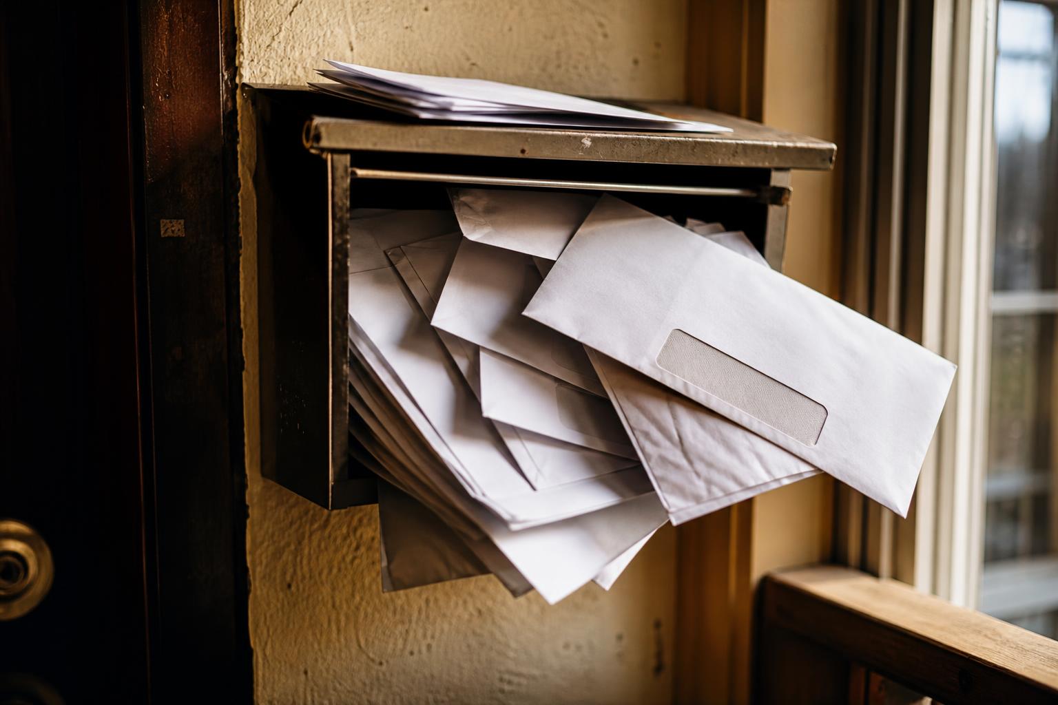 Multiple white envelopes overflowing from a wall-mounted metal mailbox beside a door