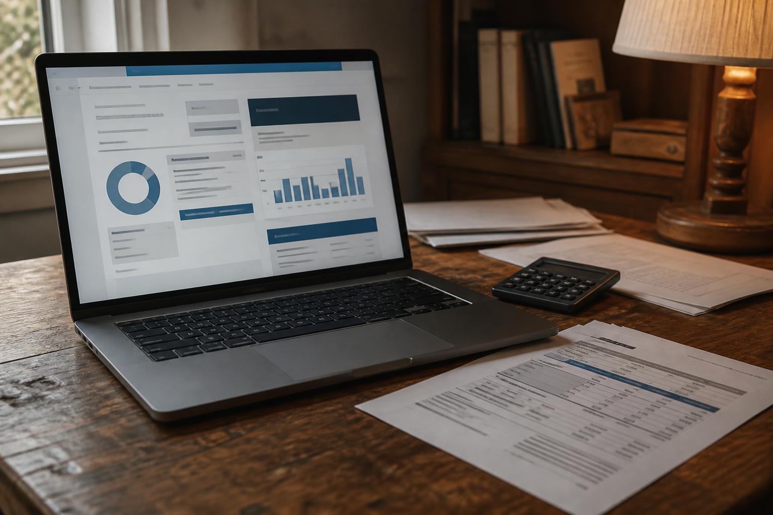 Laptop displaying bar charts and a donut graph beside a calculator and papers on a wooden desk