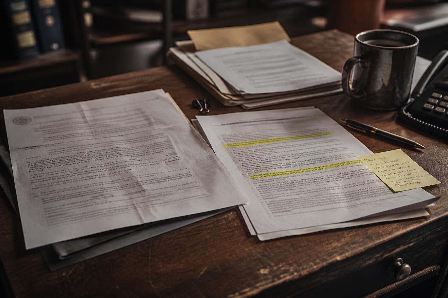 Highlighted legal documents, a sticky note, a pen, and a coffee mug on a dark wooden desk