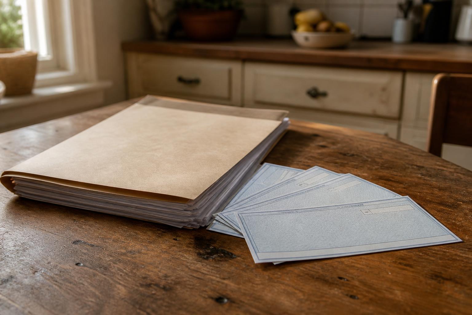 A folder and blue forms lie on a wooden kitchen table