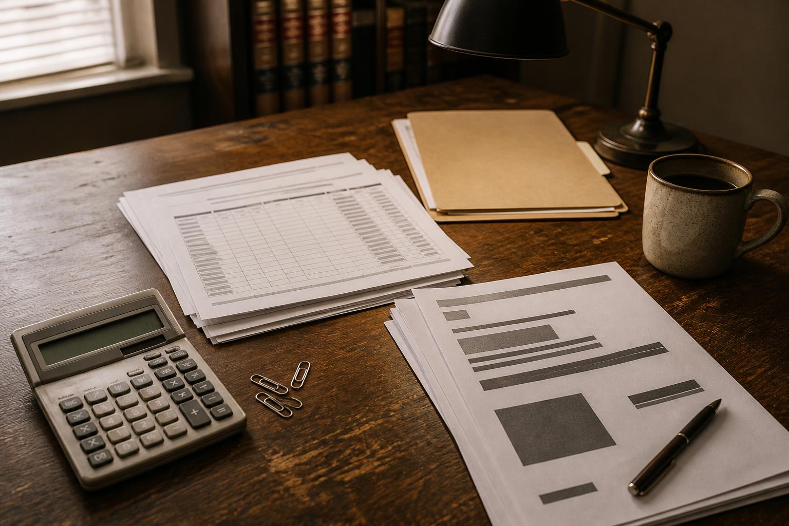 Papers, calculator, lamp, mug, pen, and folders sit on a wooden desk