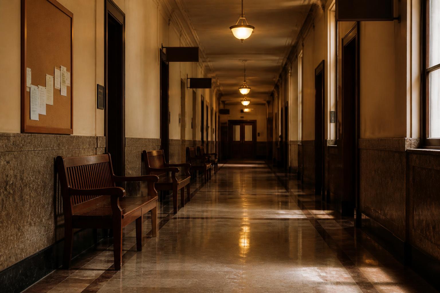 A long hallway has benches, doors, windows, signs, and ceiling lights
