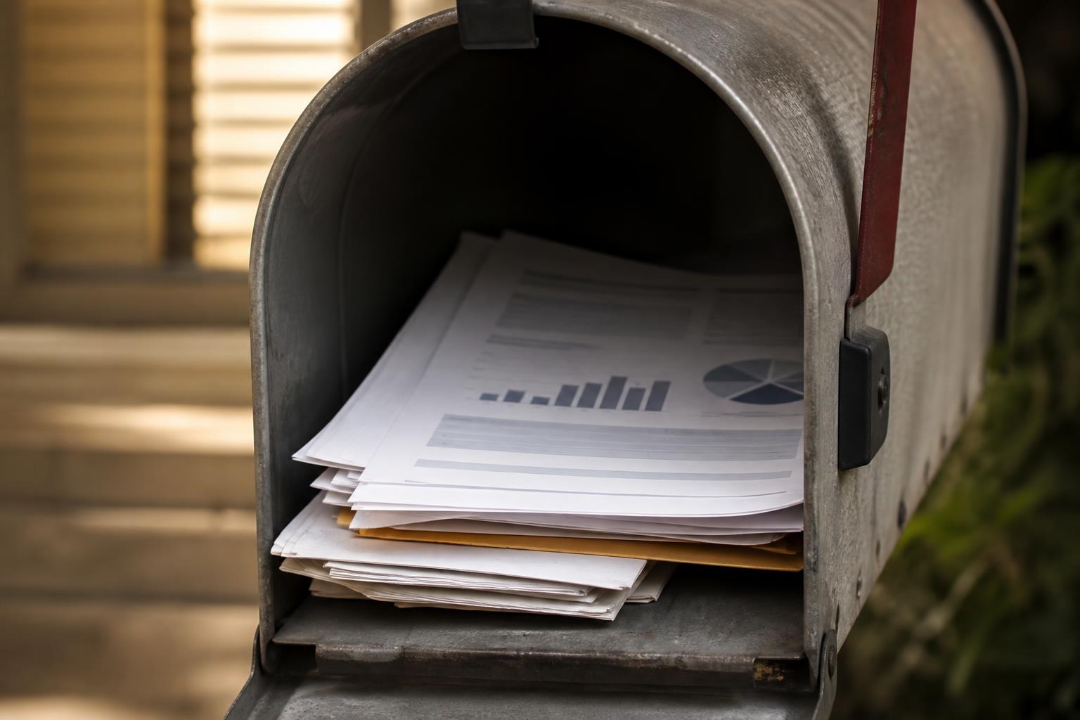 A metal mailbox contains stacked papers and envelopes outside a house