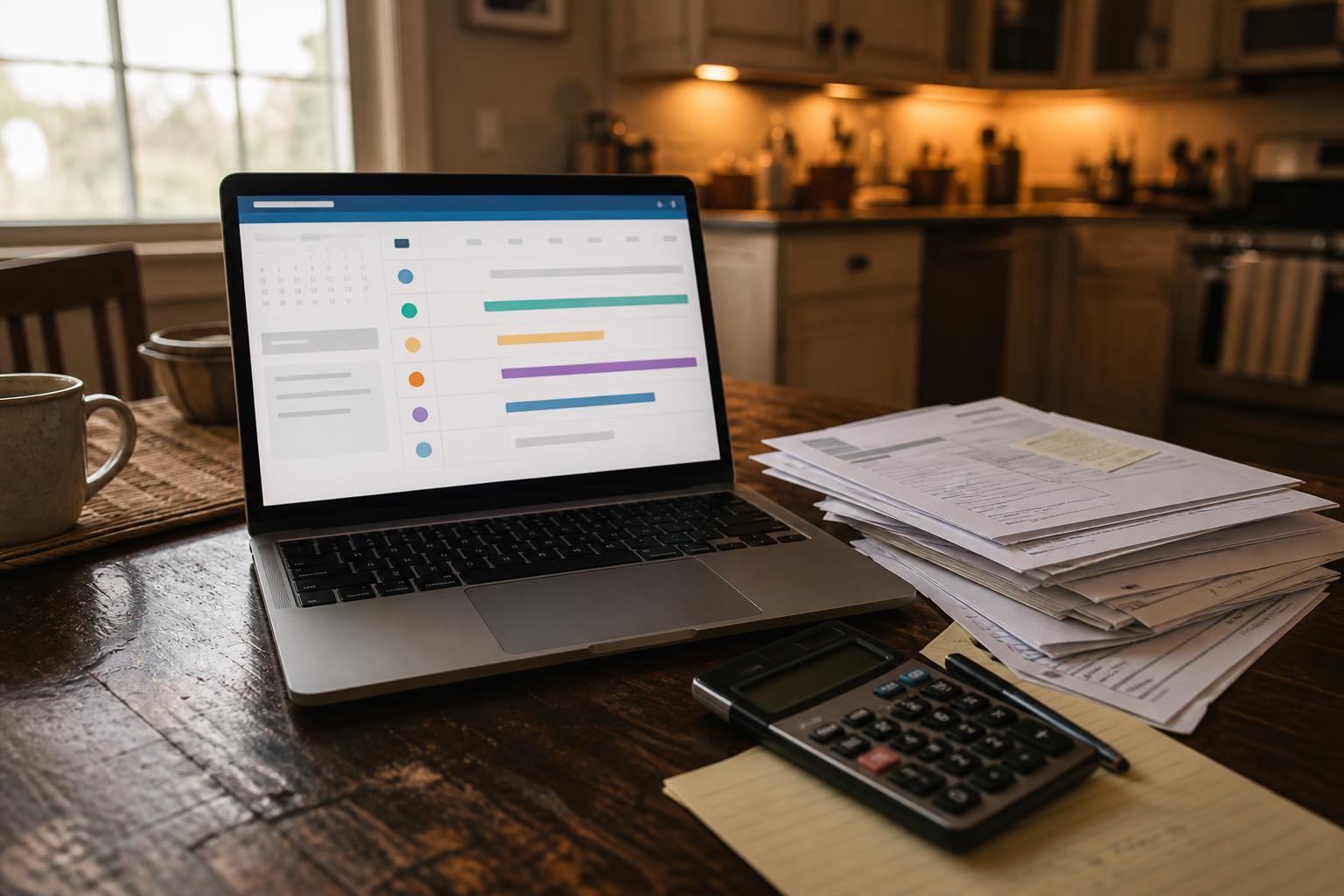 A laptop, papers, calculator, mug, and notebook sit on a kitchen table