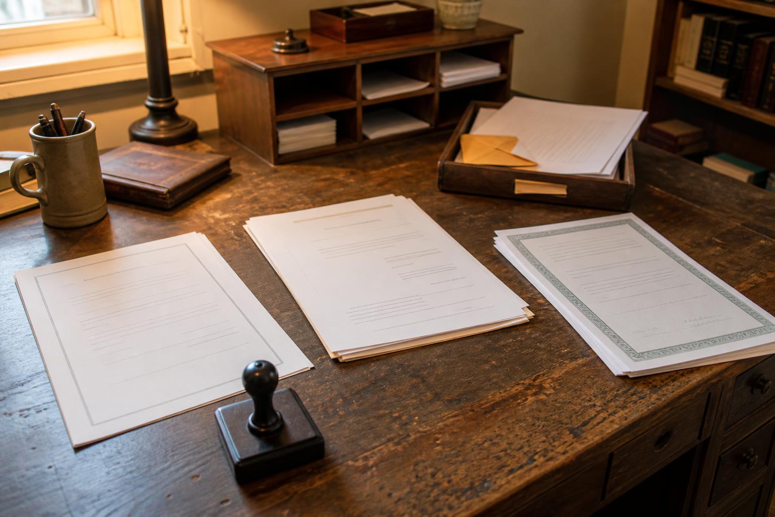 Stacks of documents, a stamp, lamp, tray, and pen cup sit on a desk