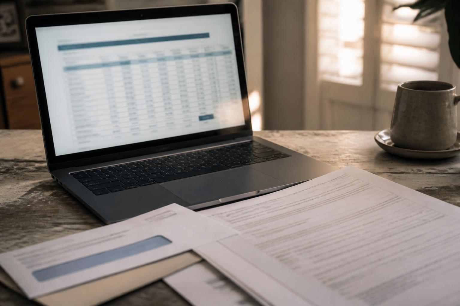 A laptop, papers, envelope, and mug sit on a wooden table near shutters