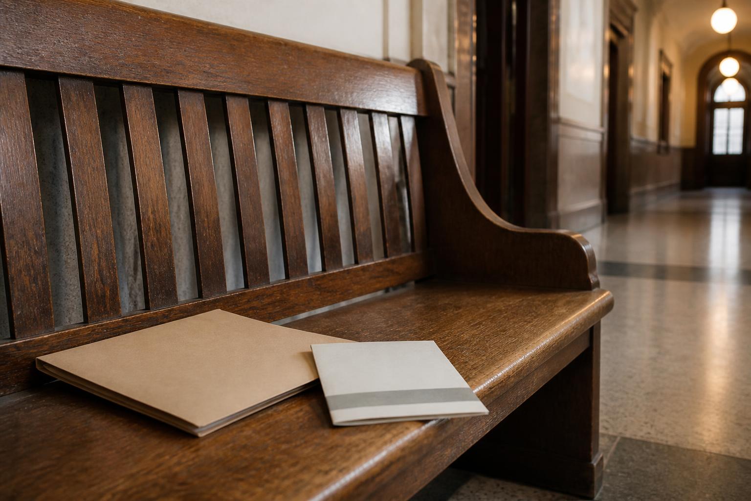 A wooden bench holds two folders in a long hallway with lights