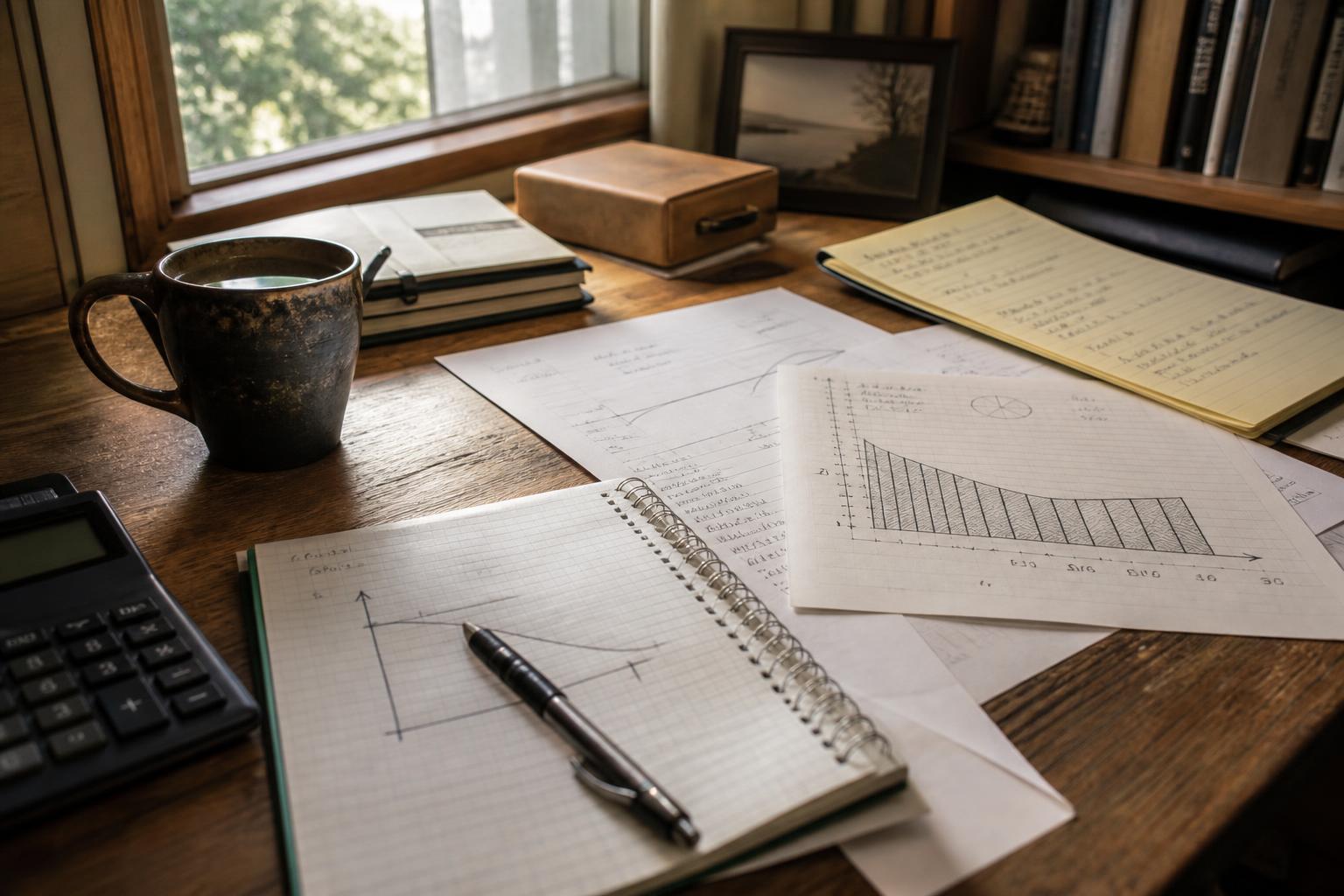 A desk holds notebooks, graph papers, a pen, calculator, mug, and books