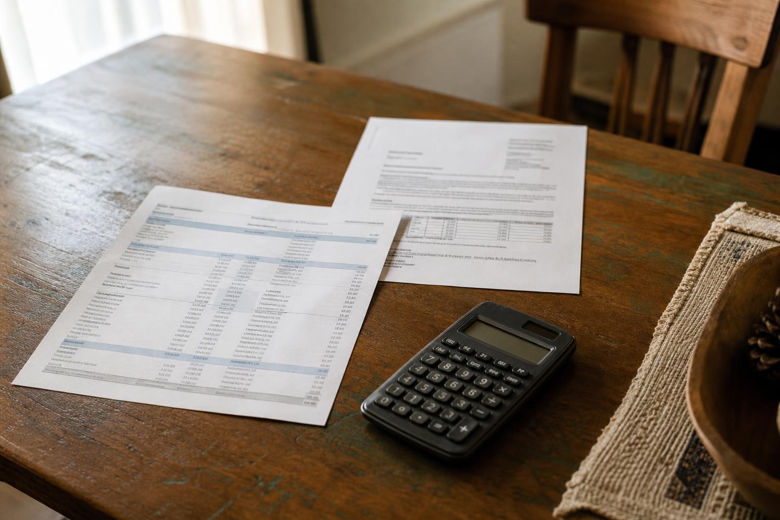 Printed financial sheets and a calculator rest on a wooden table