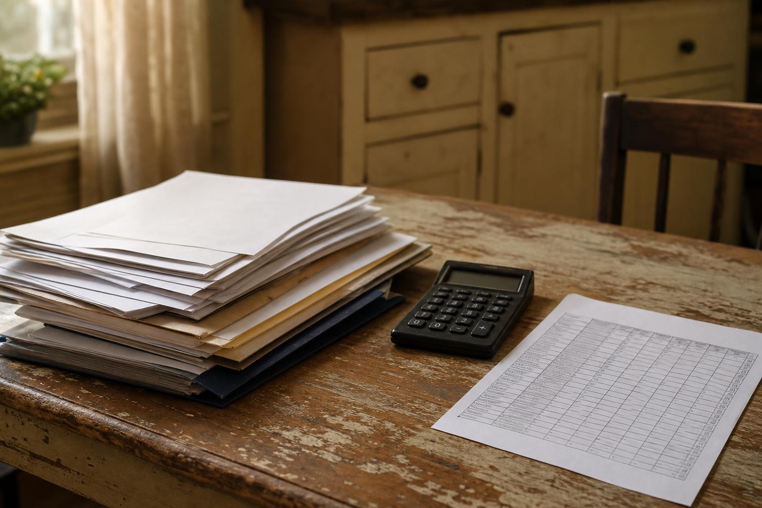A stack of papers, calculator, and spreadsheet sit on a worn wooden table