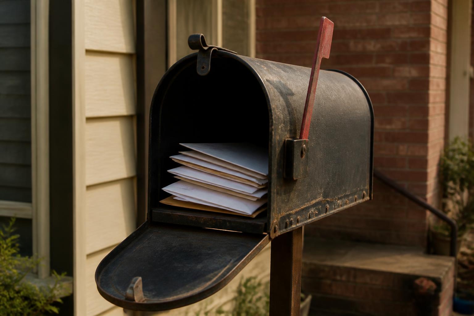 An open black mailbox contains a stack of envelopes outside a house
