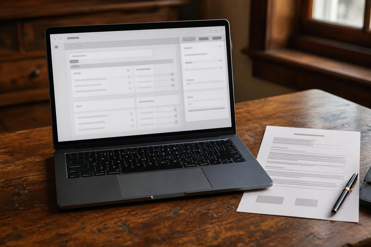 A laptop, printed document, and pen sit on a wooden table indoors