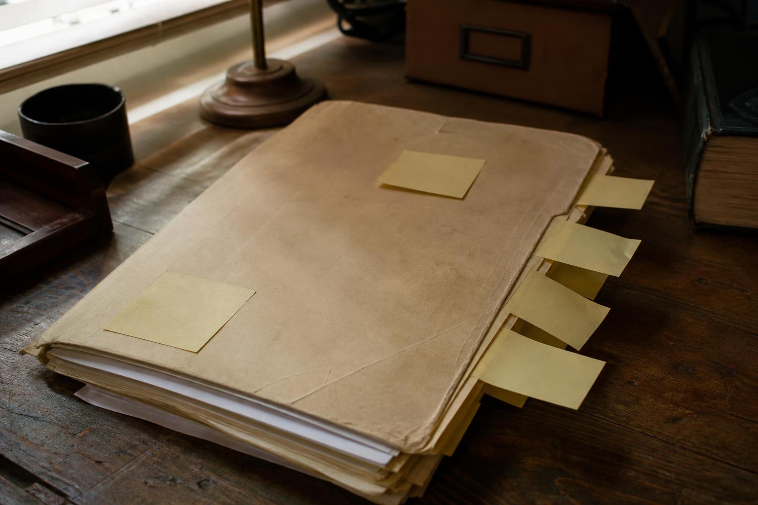 A thick folder with sticky notes rests on a wooden desk
