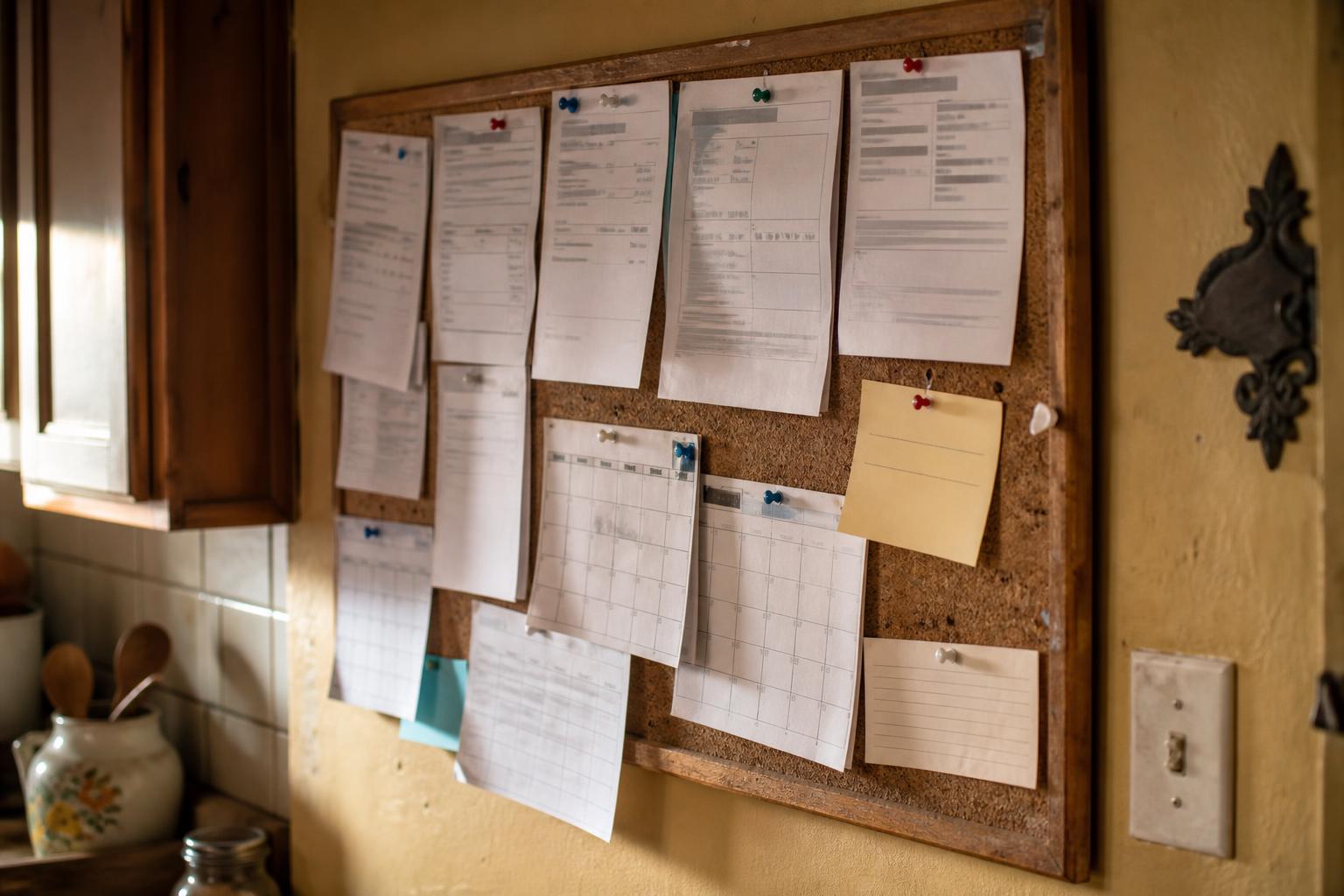 Pinned papers and calendars hang on a corkboard in a kitchen