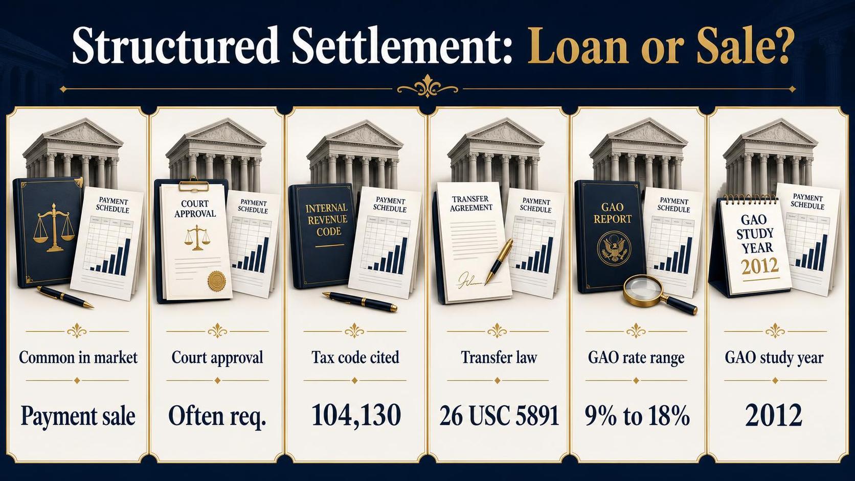 Six legal-themed panels show documents, courthouse illustrations, and financial labels
