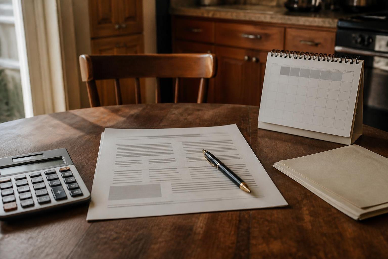 Calculator, document, pen, calendar, and envelopes sit on a wooden kitchen table