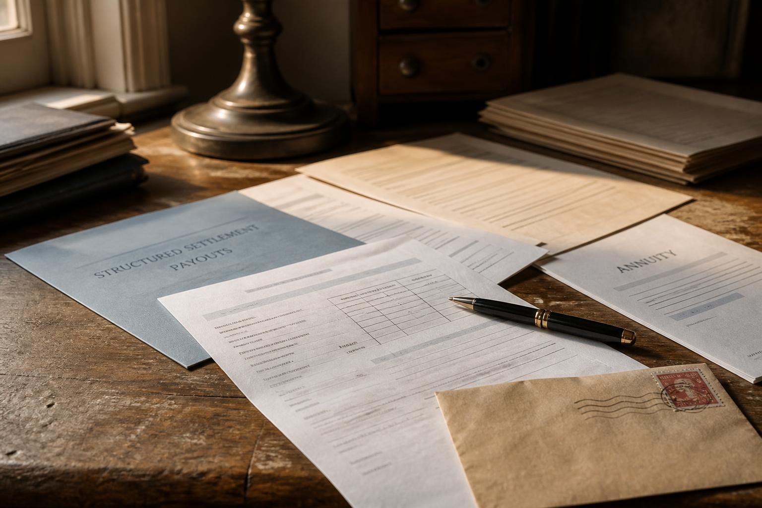 Papers, folders, envelope, and pen lie on a wooden desk near a lamp