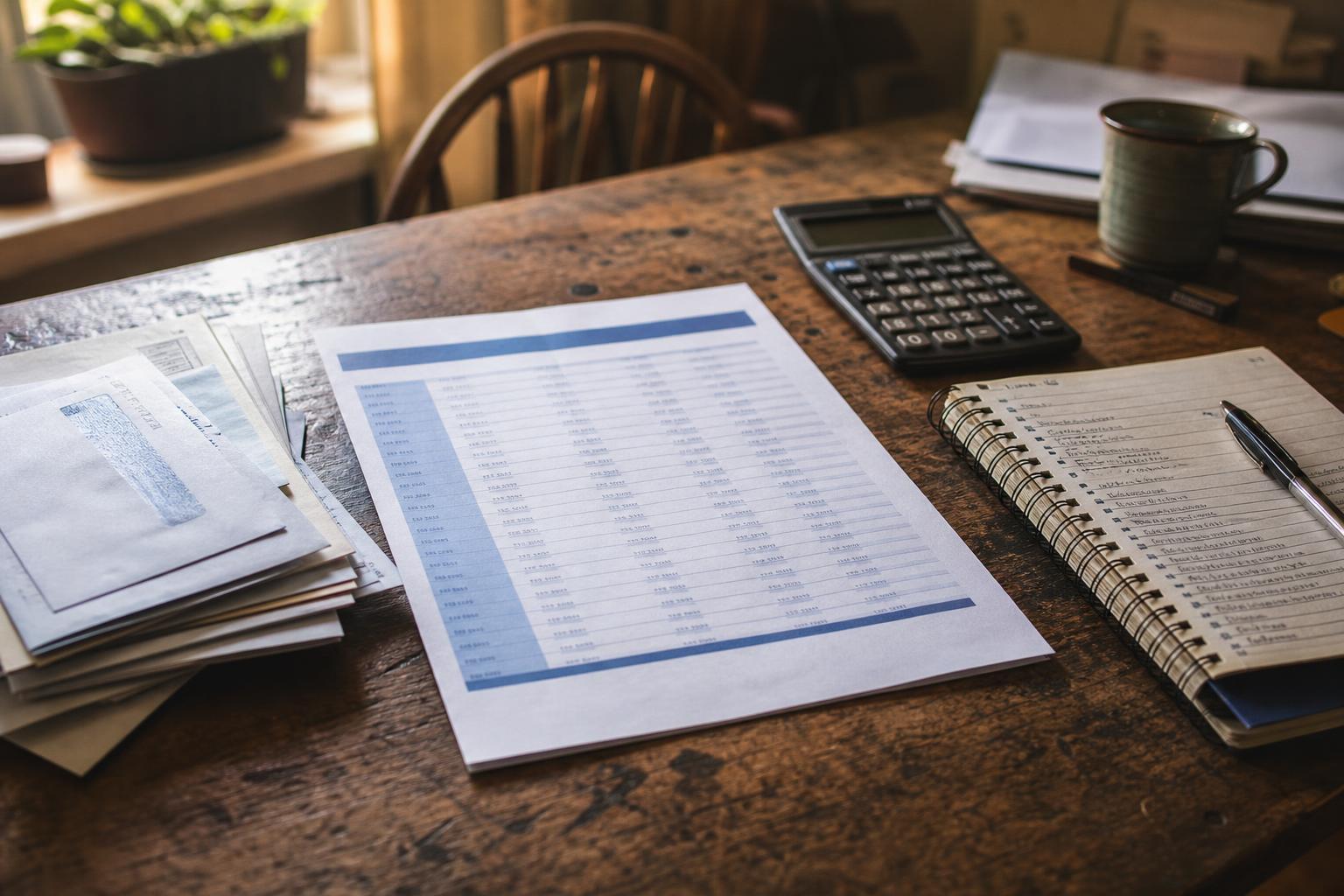 Printed spreadsheet, calculator, notebook, pen, mug, and papers cover a wooden table