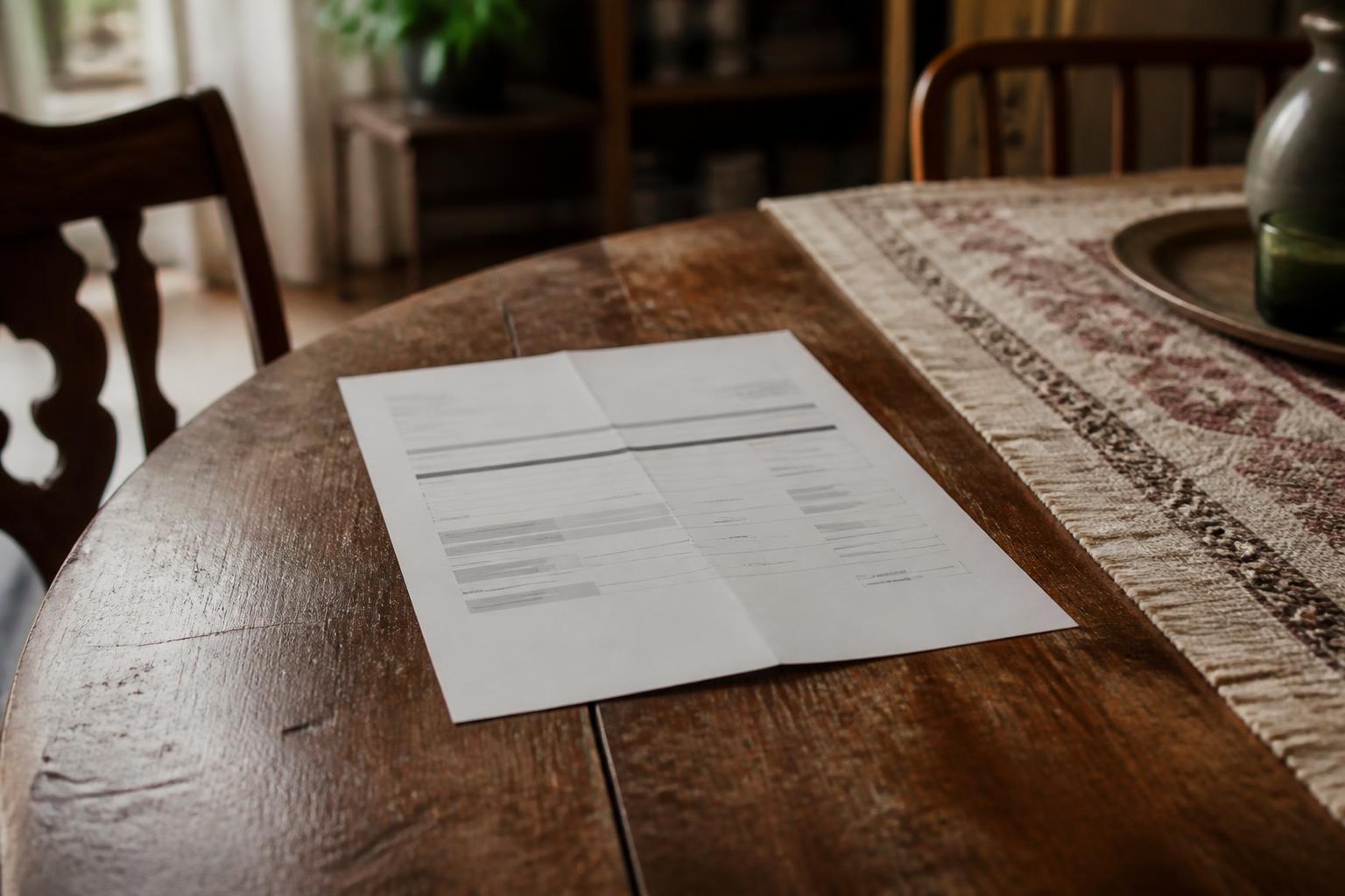 A folded paper form lies on a wooden dining table beside a patterned runner