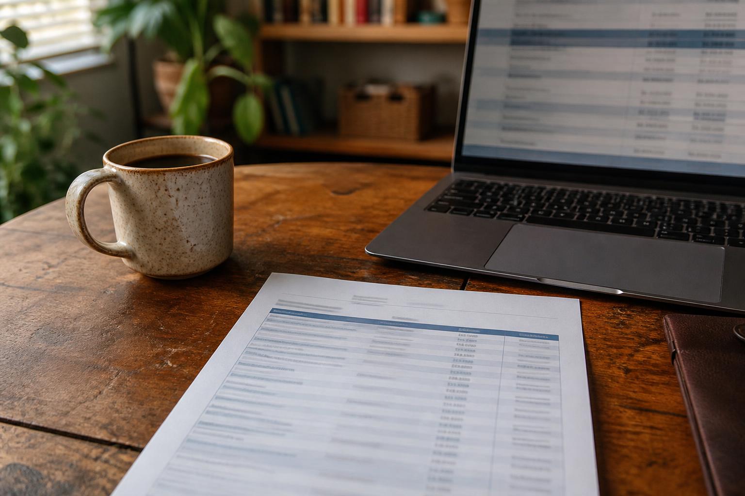 Laptop, coffee mug, printed spreadsheet, and notebook rest on a wooden table