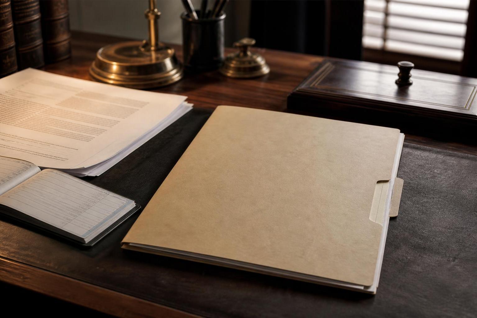 Folders, documents, ledger book, lamp, and box sit on a wooden desk