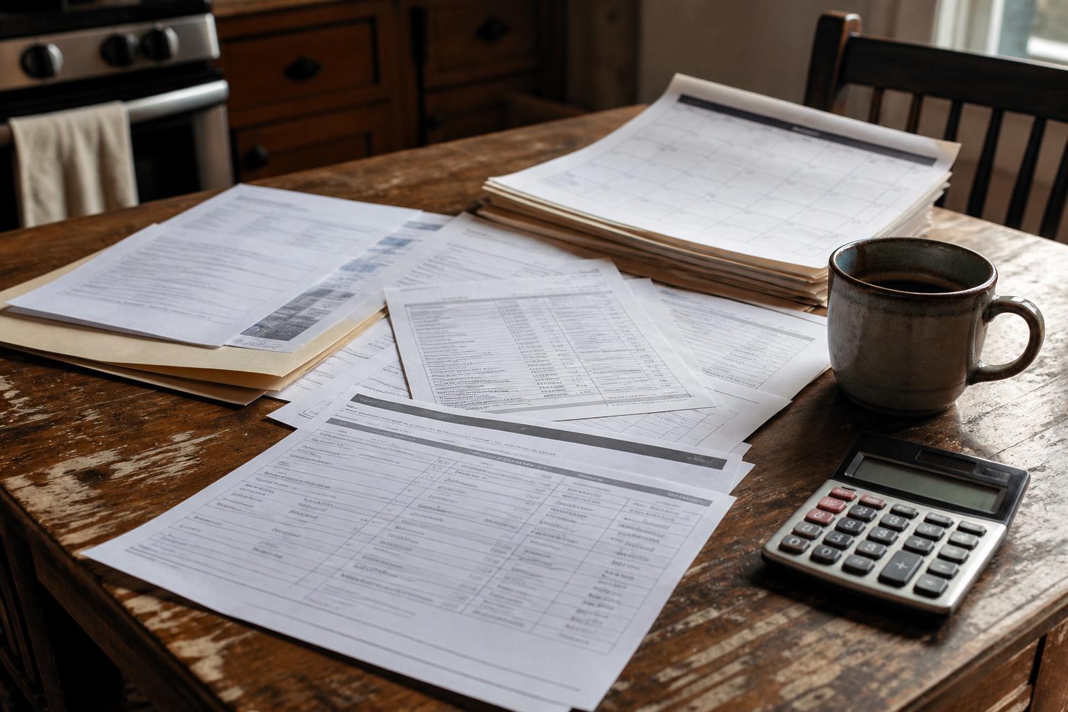 Papers, folders, calculator, and coffee mug sit on a wooden kitchen table