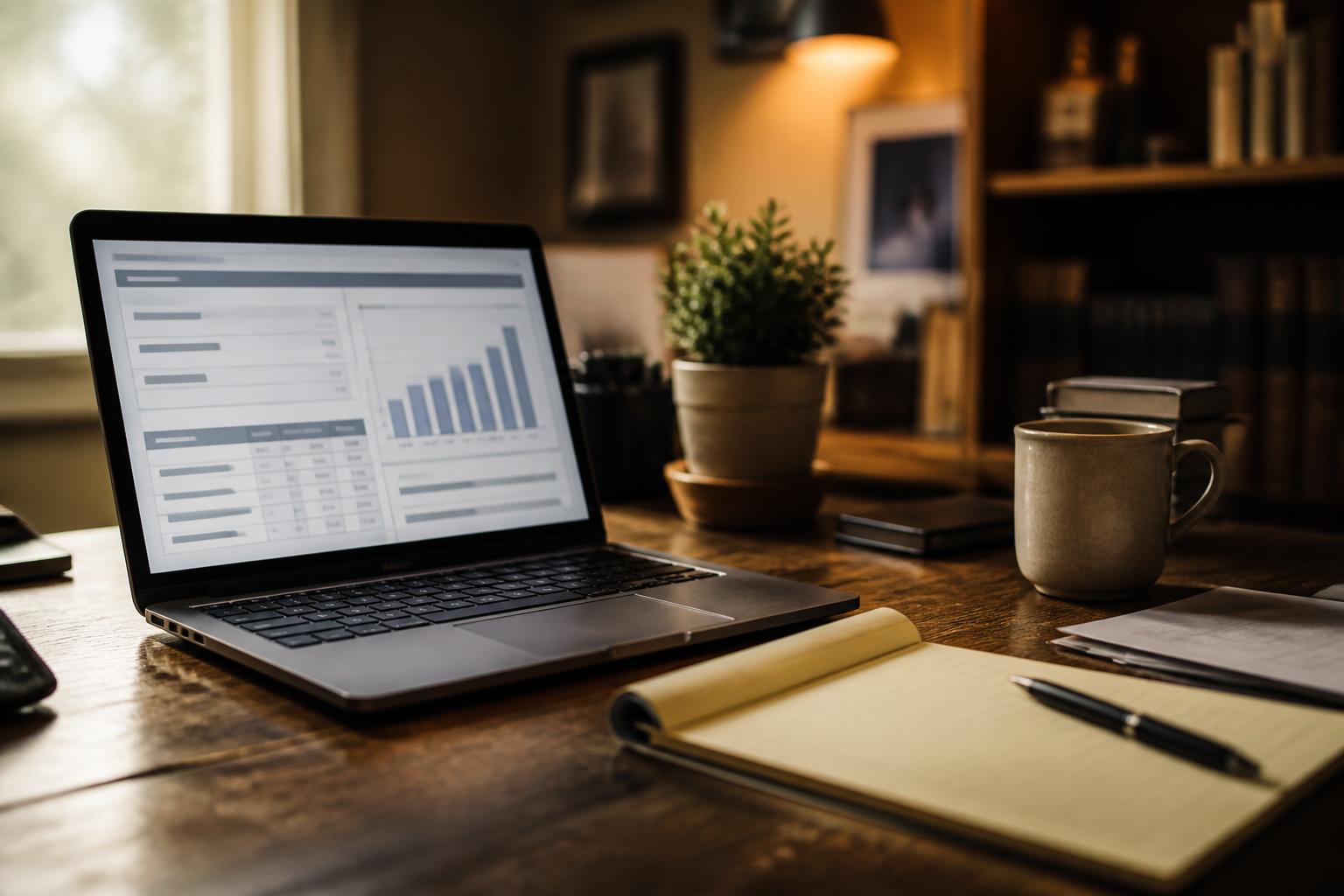 Laptop showing charts sits on a desk with notebook, pen, plant, and mug