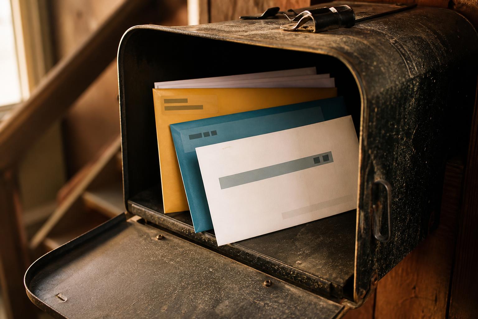 Open black mailbox contains envelopes and papers beside a wooden wall