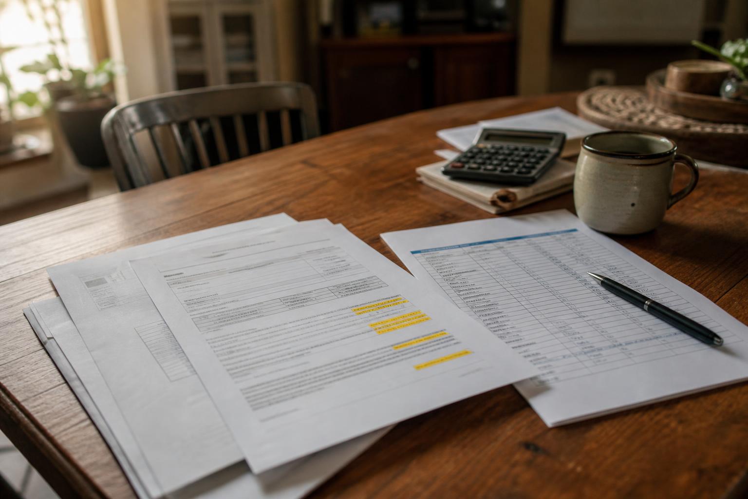 Documents, spreadsheet, pen, calculator, and mug rest on a wooden table
