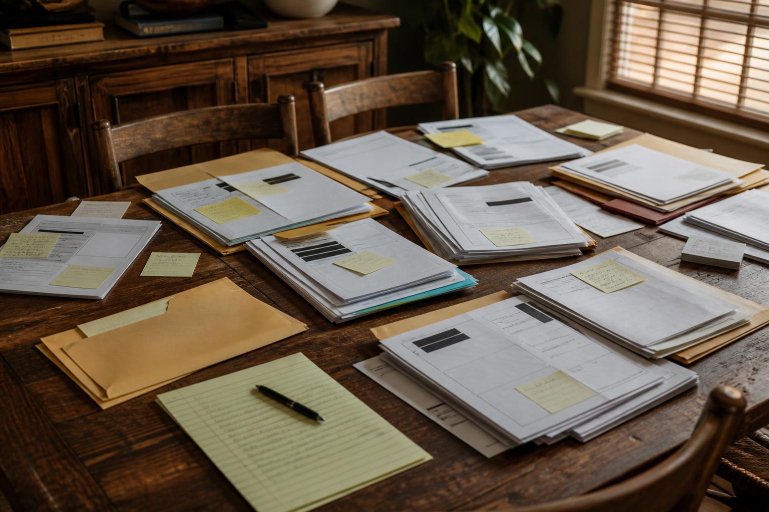 Stacks of papers, folders, sticky notes, and notepad cover a dining table