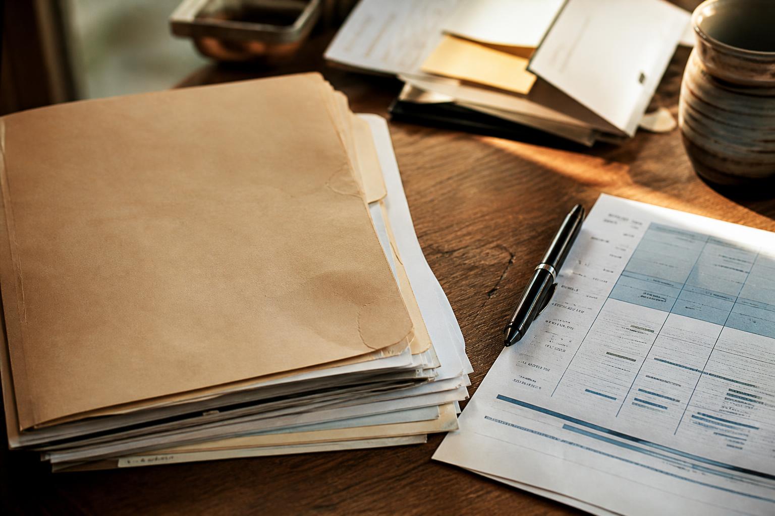 Folders, papers, pen, and ceramic cup sit on a wooden desk